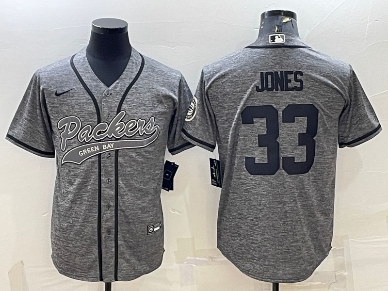 Men's Green Bay Packers #33 Aaron Jones Grey With Patch Cool Base Stitched Baseball Jersey Men's Green Bay Packers #33 Aaron Jones Grey With Patch Cool Base Stitched Baseball Jersey
