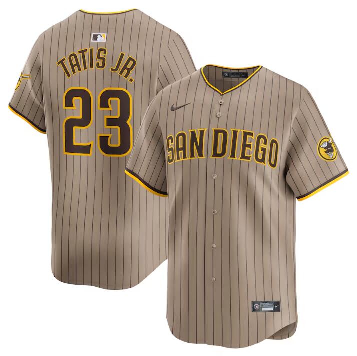 Men's San Diego Padres #23 Fernando Tatis Jr. Tan 2024 Alternate Limited Stitched Baseball Jersey Men's San Diego Padres #23 Fernando Tatis Jr. Tan 2024 Alternate Limited Stitched Baseball Jersey