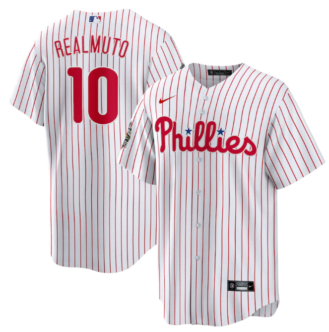 Men's Philadelphia Phillies #10 J.T. Realmuto White 2022 World Series Cool Base Stitched Baseball Jersey Men's Philadelphia Phillies #10 J.T. Realmuto White 2022 World Series Cool Base Stitched Baseball Jersey