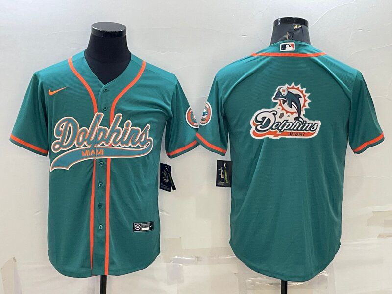 Men's Miami Dolphins Aqua Team Big Logo With Patch Cool Base Stitched Baseball Jersey Men's Miami Dolphins Aqua Team Big Logo With Patch Cool Base Stitched Baseball Jersey