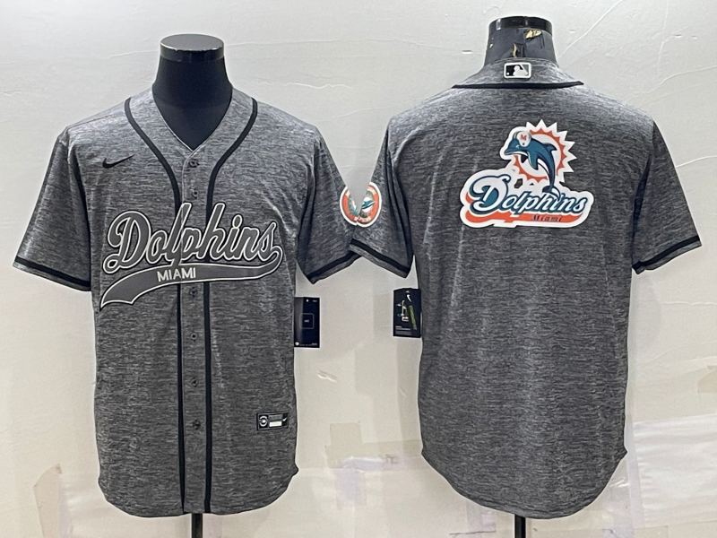 Men's Miami Dolphins Grey Team Big Logo With Patch Cool Base Stitched Baseball Jersey Men's Miami Dolphins Grey Team Big Logo With Patch Cool Base Stitched Baseball Jersey