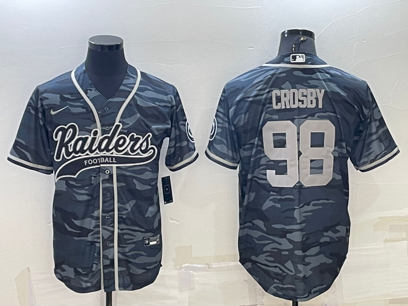 Men's Las Vegas Raiders #98 Maxx Crosby Grey Camo With Patch Cool Base Stitched Baseball Jersey Men's Las Vegas Raiders #98 Maxx Crosby Grey Camo With Patch Cool Base Stitched Baseball Jersey