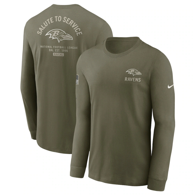 Men's Baltimore Ravens Olive 2025 Salute to Service Sideline Long Sleeve T-Shirt Men's Baltimore Ravens Olive 2025 Salute to Service Sideline Long Sleeve T-Shirt