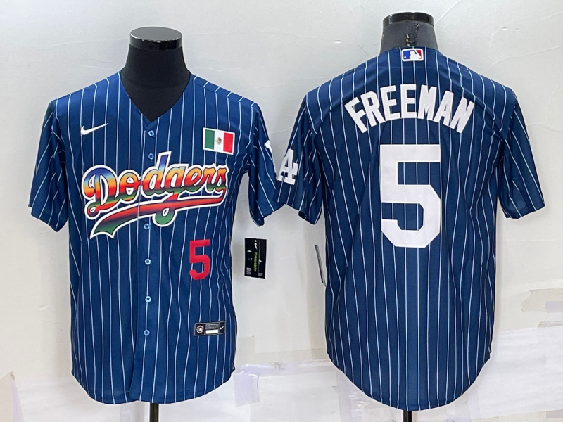 Men's Los Angeles Dodgers #5 Freddie Freeman Navy Mexico Rainbow Cool Base Stitched Baseball Jersey Men's Los Angeles Dodgers #5 Freddie Freeman Navy Mexico Rainbow Cool Base Stitched Baseball Jersey