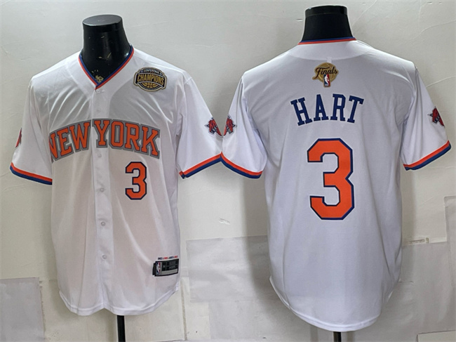 Men's New York Knicks #3 Josh Hart White 2026 Finals & Eastern Conference Champions Patch Stitched Baseball Jersey Men's New York Knicks #3 Josh Hart White 2026 Finals & Eastern Conference Champions Patch Stitched Baseball Jersey