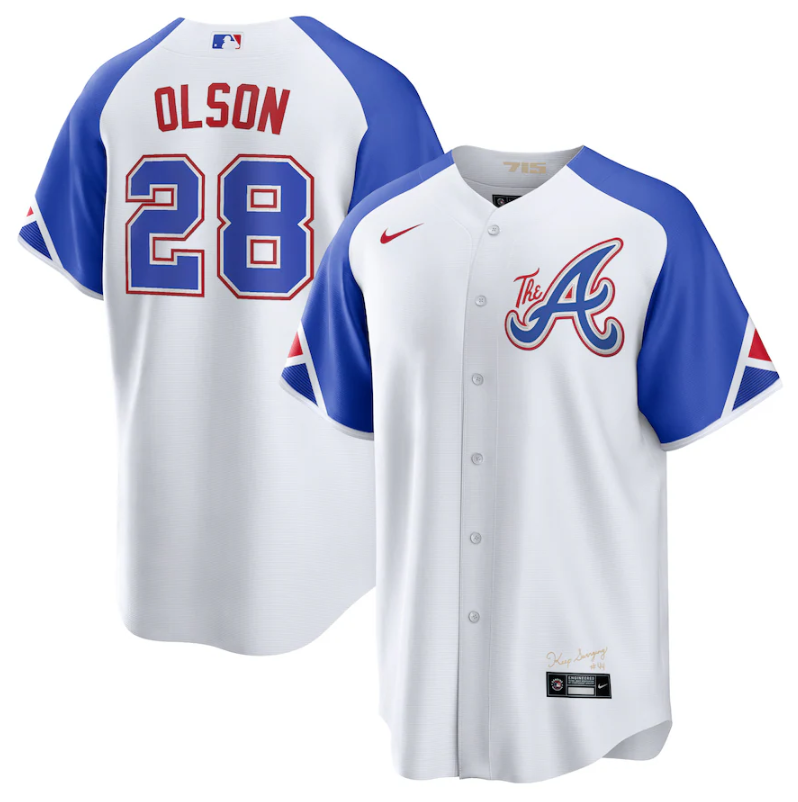 Men's Atlanta Braves #28 Matt Olson White 2023 City Connect Cool Base Stitched Baseball Jersey Men's Atlanta Braves #28 Matt Olson White 2023 City Connect Cool Base Stitched Baseball Jersey