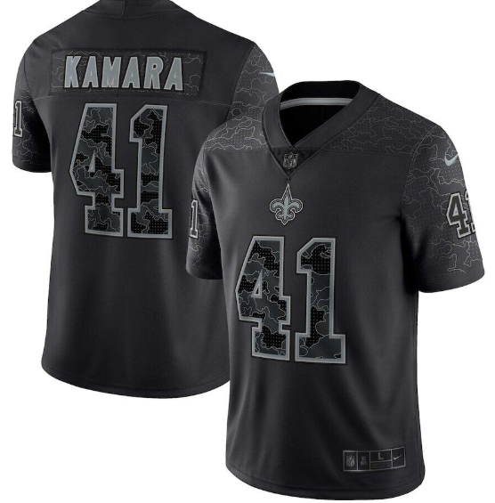 Men's New Orleans Saints #41 Alvin Kamara Black Reflective Limited Stitched Football Jersey Men's New Orleans Saints #41 Alvin Kamara Black Reflective Limited Stitched Football Jersey