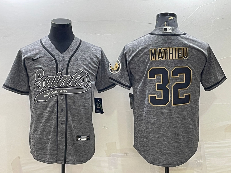 Men's New Orleans Saints #32 Tyrann Mathieu Grey With Patch Cool Base Stitched Baseball Jersey Men's New Orleans Saints #32 Tyrann Mathieu Grey With Patch Cool Base Stitched Baseball Jersey
