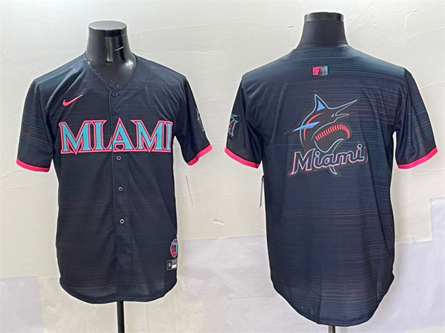 Men's Miami Marlins Team Big Logo Black 2025 City Connect Limited Stitched Baseball Jersey Men's Miami Marlins Team Big Logo Black 2025 City Connect Limited Stitched Baseball Jersey
