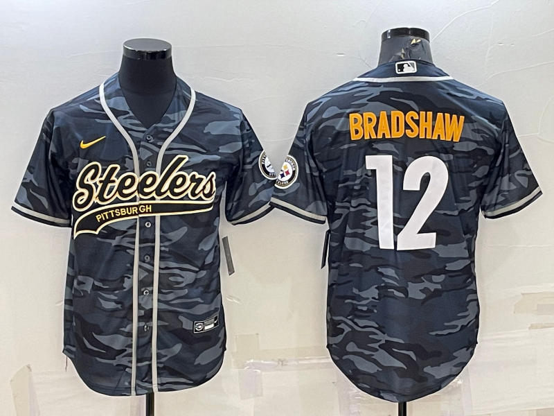 Men's Pittsburgh Steelers #12 Terry Bradshaw Grey/Navy Camo With Patch Cool Base Stitched Baseball Jersey Men's Pittsburgh Steelers #12 Terry Bradshaw Grey/Navy Camo With Patch Cool Base Stitched Baseball Jersey