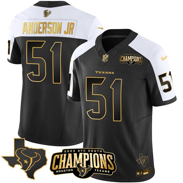 Men's Houston Texans #51 Will Anderson Jr. Black/White Golden 2023 F.U.S.E. With AFC South Champions Patch And Team Logo Patch Limited Stitched Football Jersey Men's Houston Texans #51 Will Anderson Jr. Black/White Golden 2023 F.U.S.E. With AFC South Champions Patch And Team Logo Patch Limited Stitched Football Jersey