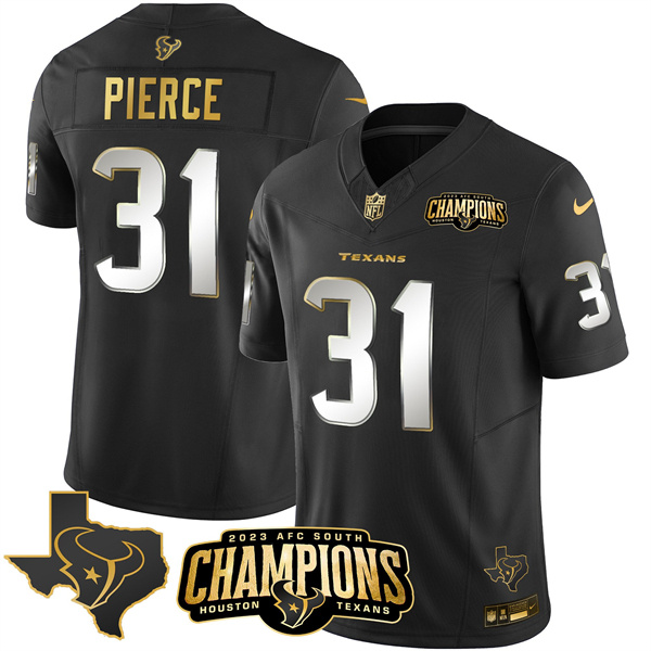 Men's Houston Texans #31 Dameon Pierce Black Golden 2023 F.U.S.E. With AFC South Champions Patch And Team Logo Patch Limited Stitched Football Jersey Men's Houston Texans #31 Dameon Pierce Black Golden 2023 F.U.S.E. With AFC South Champions Patch And Team Logo Patch Limited Stitched Football Jersey