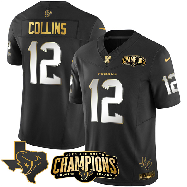 Men's Houston Texans #12 Nico Collins Black Golden 2023 F.U.S.E. With AFC South Champions Patch And Team Logo Patch Limited Stitched Football Jersey Men's Houston Texans #12 Nico Collins Black Golden 2023 F.U.S.E. With AFC South Champions Patch And Team Logo Patch Limited Stitched Football Jersey