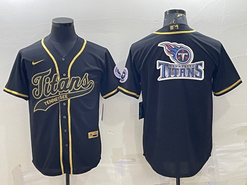 Men's Tennessee Titans Black Gold Team Big Logo With Patch Cool Base Stitched Baseball Jersey Men's Tennessee Titans Black Gold Team Big Logo With Patch Cool Base Stitched Baseball Jersey