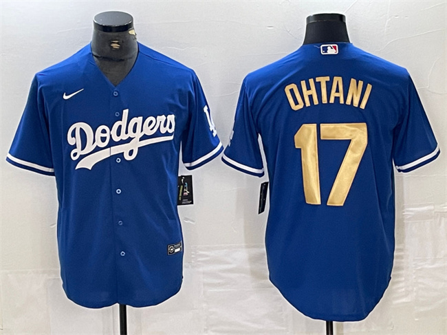 Men's Los Angeles Dodgers #17 Shohei Ohtani Stitched Blue/Gold Cool Base Baseball Jersey Men's Los Angeles Dodgers #17 Shohei Ohtani Stitched Blue/Gold Cool Base Baseball Jersey