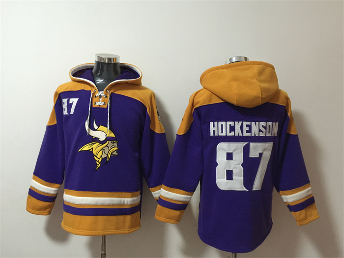 Men's Minnesota Vikings #87 T.J. Hockenson Purple/Yellow Ageless Must-Have Lace-Up Pullover Hoodie Men's Minnesota Vikings #87 T.J. Hockenson Purple/Yellow Ageless Must-Have Lace-Up Pullover Hoodie