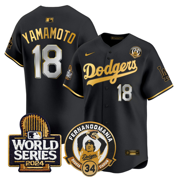 Men's Los Angeles Dodgers #18 Yoshinobu Yamamoto Black Gold Fernando Valenzuela & 2024 World Series Patch Limited Stitched Baseball Jersey