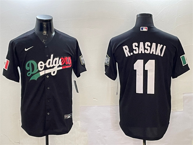 Men's Los Angeles Dodgers #11 Roki Sasaki Black Mexico With World Series Patch Cool Base Stitched Baseball Jersey Men's Los Angeles Dodgers #11 Roki Sasaki Black Mexico With World Series Patch Cool Base Stitched Baseball Jersey