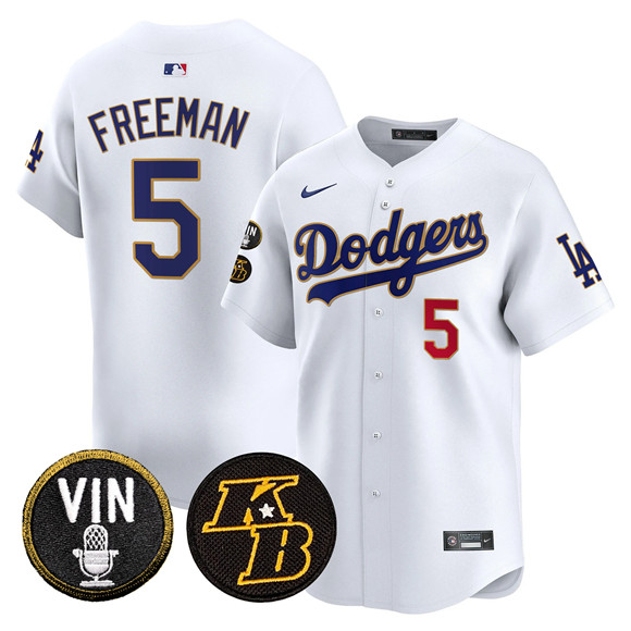 Men's Los Angeles Dodgers #5 Freddie Freeman White 2026 Vin & Kobe Patch Gold Trim Vapor Premier Limited Stitched Baseball Jersey Men's Los Angeles Dodgers #5 Freddie Freeman White 2026 Vin & Kobe Patch Gold Trim Vapor Premier Limited Stitched Baseball Jersey