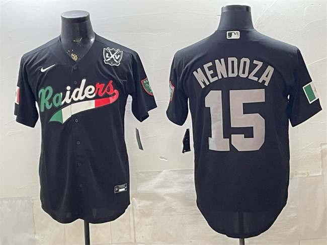 Men's Las Vegas Raiders #15 Fernando Mendoza Black 65th Anniversary Patch Mexico Cool Base Stitched Baseball Jersey