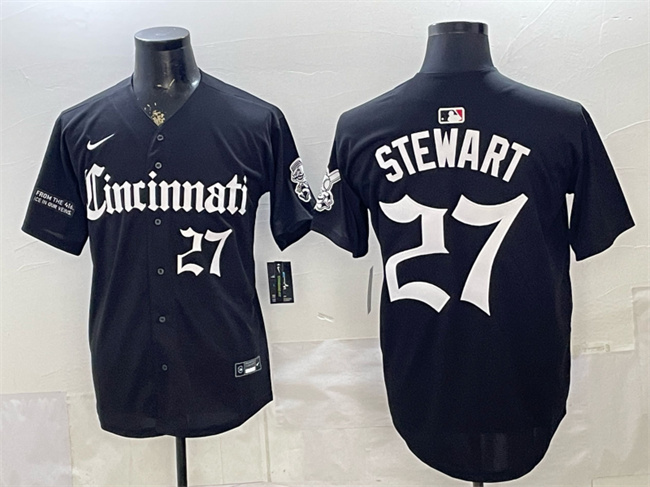 Men's Cincinnati Reds #27 Sal Stewart Black 'Gothic Queen City Edition' Vapor Premier Limited Stitched Baseball Jersey Men's Cincinnati Reds #27 Sal Stewart Black 'Gothic Queen City Edition' Vapor Premier Limited Stitched Baseball Jersey