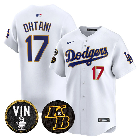 Men's Los Angeles Dodgers #17 Shohei Ohtani White 2026 Vin & Kobe Patch Gold Trim Vapor Premier Limited Stitched Baseball Jersey Men's Los Angeles Dodgers #17 Shohei Ohtani White 2026 Vin & Kobe Patch Gold Trim Vapor Premier Limited Stitched Baseball Jersey