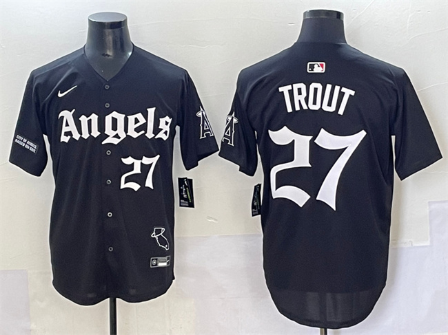Men's Los Angeles Angels #27 Mike Trout Black 'Gothic Halo Edition' Vapor Limited Stitched Baseball Jersey Men's Los Angeles Angels #27 Mike Trout Black 'Gothic Halo Edition' Vapor Limited Stitched Baseball Jersey