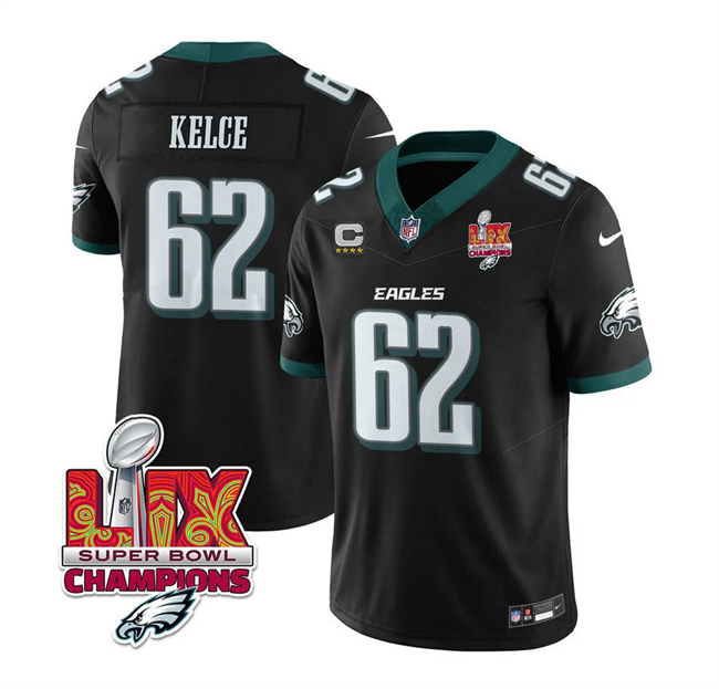 Men's Philadelphia Eagles #62 Jason Kelce Black 2025 Eagles Logo Super Bowl LIX Patch And 4-Star C Patch New F.U.S.E. Vapor Limited Stitched Football Jersey Men's Philadelphia Eagles #62 Jason Kelce Black 2025 Eagles Logo Super Bowl LIX Patch And 4-Star C Patch New F.U.S.E. Vapor Limited Stitched Football Jersey