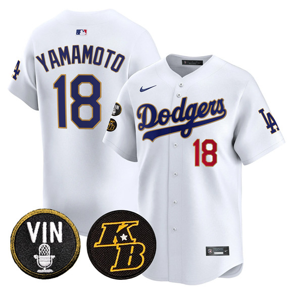 Men's Los Angeles Dodgers #18 Yoshinobu Yamamoto White 2026 Vin & Kobe Patch Gold Trim Vapor Premier Limited Stitched Baseball Jersey