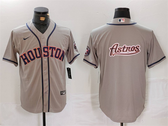 Men's Houston Astros Gray Team Big Logo With Patch Cool Base Stitched Baseball Jersey Men's Houston Astros Gray Team Big Logo With Patch Cool Base Stitched Baseball Jersey