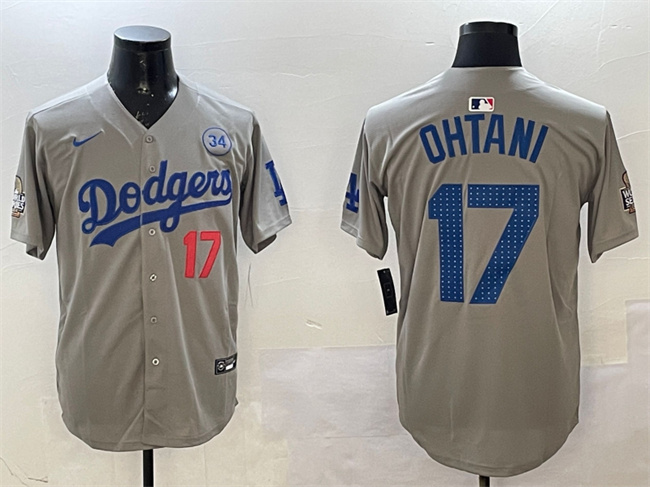 Men's Los Angeles Dodgers #17 Shohei Ohtani Grey 2024 World Series With No. 34 Patch Limited Stitched Baseball Jersey Men's Los Angeles Dodgers #17 Shohei Ohtani Grey 2024 World Series With No. 34 Patch Limited Stitched Baseball Jersey