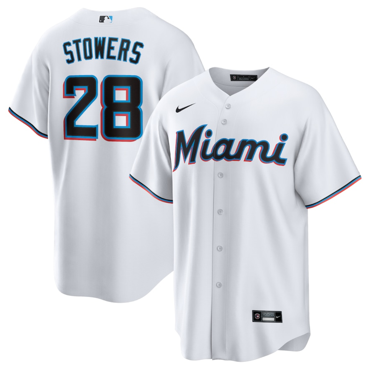 Men's Miami Marlins #28 Kyle Stowers White Cool Base Stitched Baseball Jersey Men's Miami Marlins #28 Kyle Stowers White Cool Base Stitched Baseball Jersey