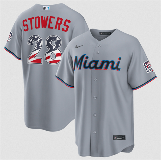 Men's Miami Marlins #28 Kyle Stowers Grey USA 250 Fourth of July Home Stitched Baseball Jersey