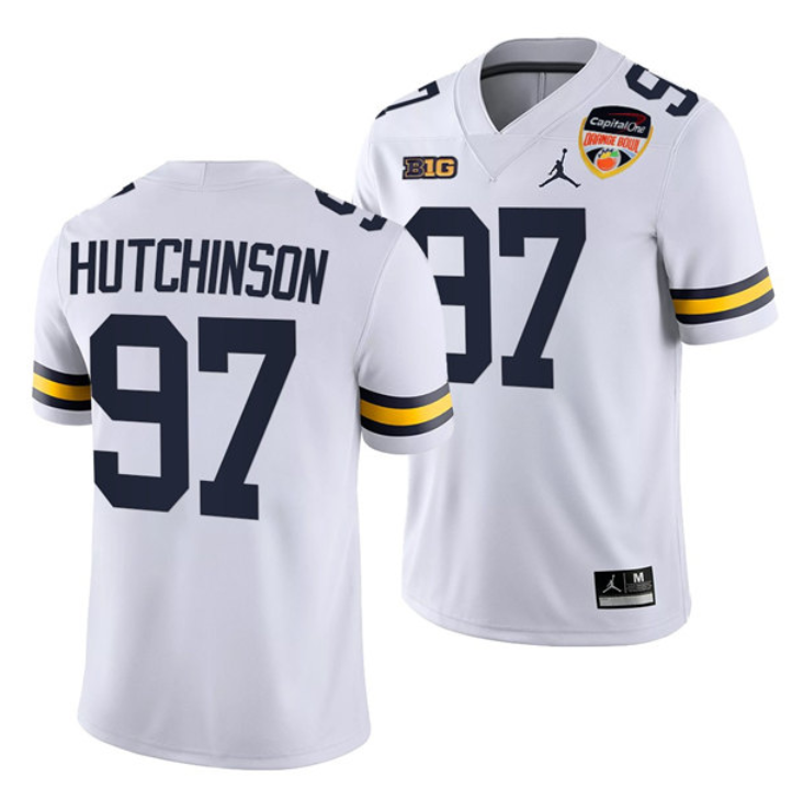 Men's Michigan Wolverines #97 Aidan Hutchinson White College Stitched Football Jersey Men's Michigan Wolverines #97 Aidan Hutchinson White College Stitched Football Jersey