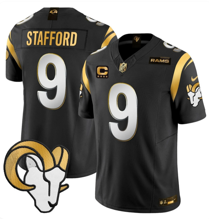 Men's Los Angeles Rams #9 Matthew Stafford Black Gold 2025 F.U.S.E. With 4-Star C Patch Vapor Untouchable Stitched Football Jersey Men's Los Angeles Rams #9 Matthew Stafford Black Gold 2025 F.U.S.E. With 4-Star C Patch Vapor Untouchable Stitched Football Jersey