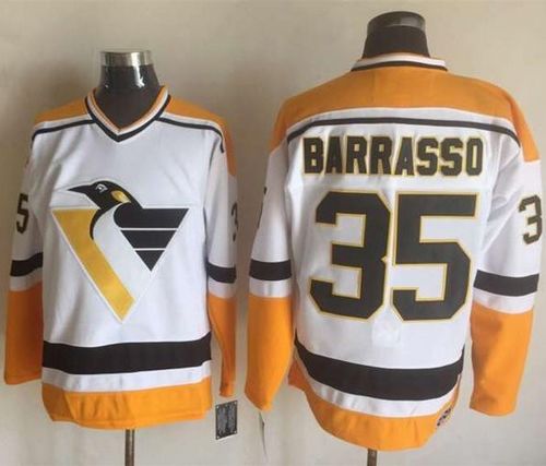 Penguins #35 Tom Barrasso White/Yellow CCM Throwback Stitched NHL Jersey Penguins #35 Tom Barrasso White/Yellow CCM Throwback Stitched NHL Jersey