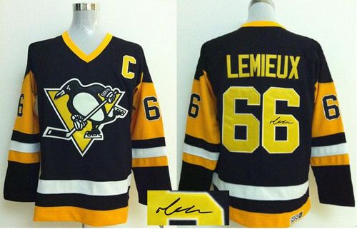 Penguins #66 Mario Lemieux Black CCM Throwback Autographed Stitched NHL Jersey Penguins #66 Mario Lemieux Black CCM Throwback Autographed Stitched NHL Jersey