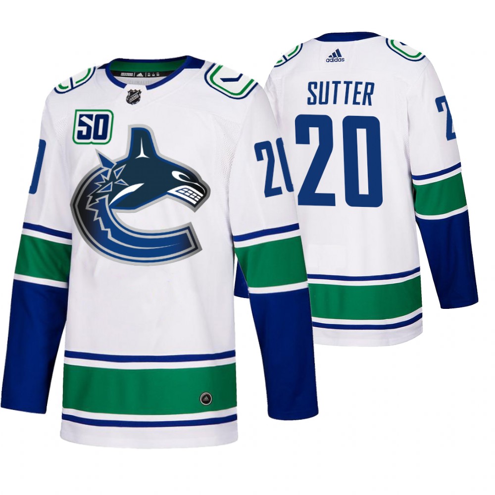 Vancouver Canucks #20 Brandon Sutter 50th Anniversary Men's White 2019-20 Away Authentic NHL Jersey Vancouver Canucks #20 Brandon Sutter 50th Anniversary Men's White 2019-20 Away Authentic NHL Jersey