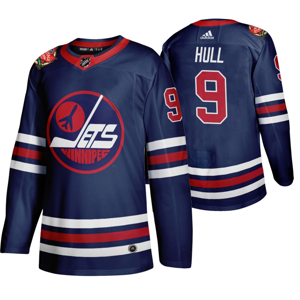 Winnipeg Jets #9 Bobby Hull Men's 2019-20 Heritage Classic Wha Navy Stitched NHL Jersey Winnipeg Jets #9 Bobby Hull Men's 2019-20 Heritage Classic Wha Navy Stitched NHL Jersey