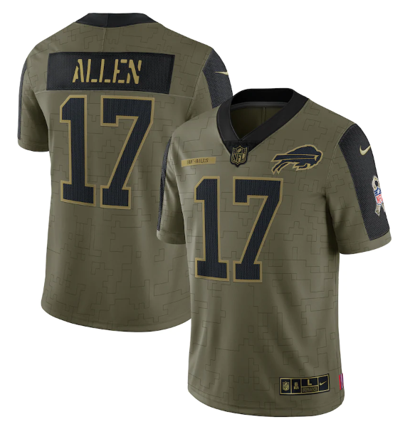 Men's Buffalo Bills #17 Josh Allen 2021 Olive Salute To Service Limited Stitched Jersey Men's Buffalo Bills #17 Josh Allen 2021 Olive Salute To Service Limited Stitched Jersey