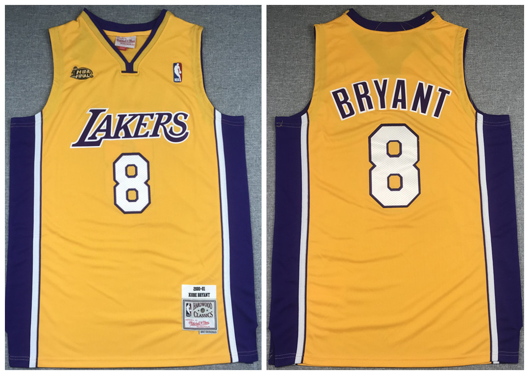 Men's Los Angeles Lakers #24 Kobe Bryant Gold NBA Final 2000-2001 Throwback Stitched Jersey Men's Los Angeles Lakers #24 Kobe Bryant Gold NBA Final 2000-2001 Throwback Stitched Jersey