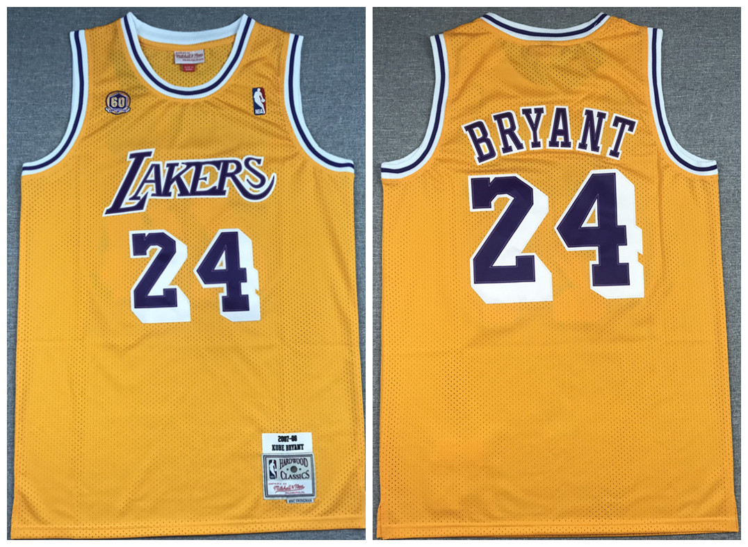 Men's Los Angeles Lakers #24 Kobe Bryant Gold 60th Season Throwback Stitched Jersey Men's Los Angeles Lakers #24 Kobe Bryant Gold 60th Season Throwback Stitched Jersey