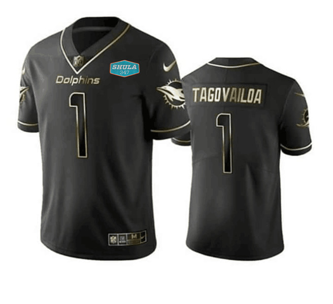 Men's Miami Dolphins #1 Tua Tagovailoa 2020 Black With 347 Shula Patch Gold Limited Stitched NFL Jersey Men's Miami Dolphins #1 Tua Tagovailoa 2020 Black With 347 Shula Patch Gold Limited Stitched NFL Jersey