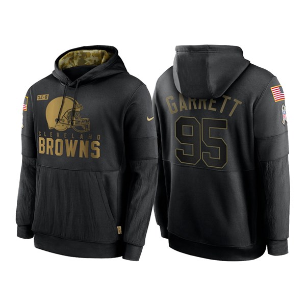 Men's Cleveland Browns Black #95 Myles Garrett NFL 2020 Salute To Service Sideline Performance Pullover Hoodie