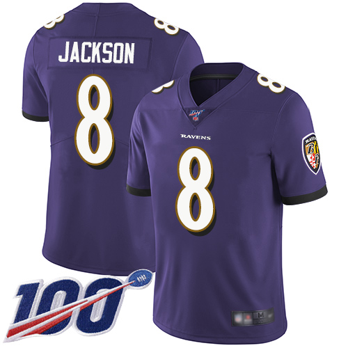 Nike Ravens #8 Lamar Jackson Purple Team Color Men's Stitched NFL 100th Season Vapor Limited Jersey Nike Ravens #8 Lamar Jackson Purple Team Color Men's Stitched NFL 100th Season Vapor Limited Jersey