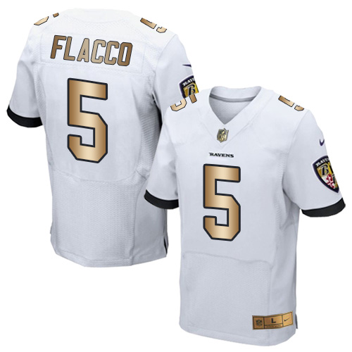 Nike Ravens #5 Joe Flacco White Men's Stitched NFL New Elite Gold Jersey Nike Ravens #5 Joe Flacco White Men's Stitched NFL New Elite Gold Jersey