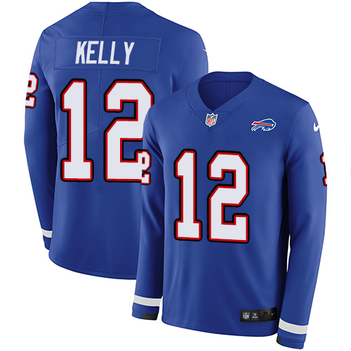 Nike Bills #12 Jim Kelly Royal Blue Team Color Men's Stitched NFL Limited Therma Long Sleeve Jersey Nike Bills #12 Jim Kelly Royal Blue Team Color Men's Stitched NFL Limited Therma Long Sleeve Jersey