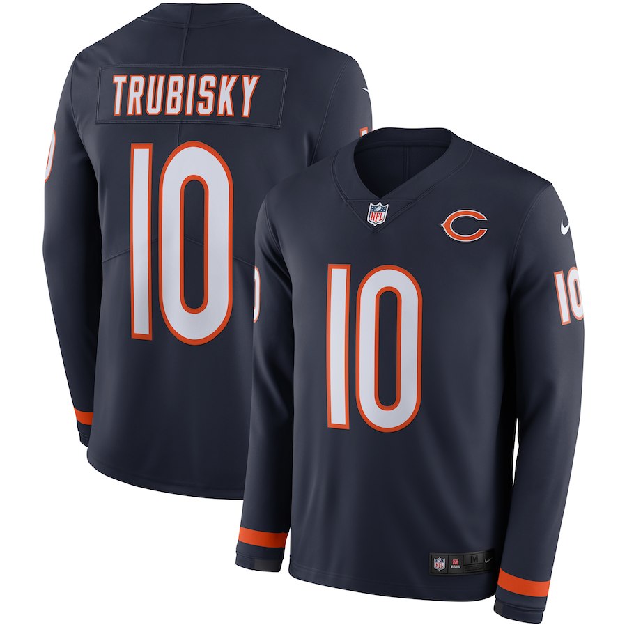 Men's Bears #10 Mitchell Trubisky Navy Blue Team Color Men's Stitched NFL Limited Therma Long Sleeve Jersey Men's Bears #10 Mitchell Trubisky Navy Blue Team Color Men's Stitched NFL Limited Therma Long Sleeve Jersey