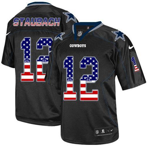 Nike Cowboys #12 Roger Staubach Black Men's Stitched NFL Elite USA Flag Fashion Jersey Nike Cowboys #12 Roger Staubach Black Men's Stitched NFL Elite USA Flag Fashion Jersey