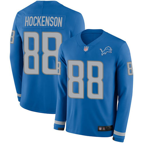 Nike Lions #88 T.J. Hockenson Blue Team Color Men's Stitched NFL Limited Therma Long Sleeve Jersey Nike Lions #88 T.J. Hockenson Blue Team Color Men's Stitched NFL Limited Therma Long Sleeve Jersey